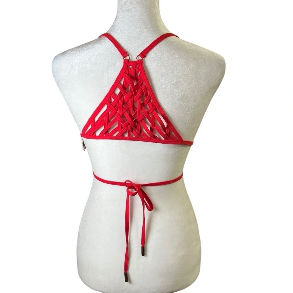 Red Carter Embroidered Bikini Top Size M (8) Strappy Removable Pads Convertible